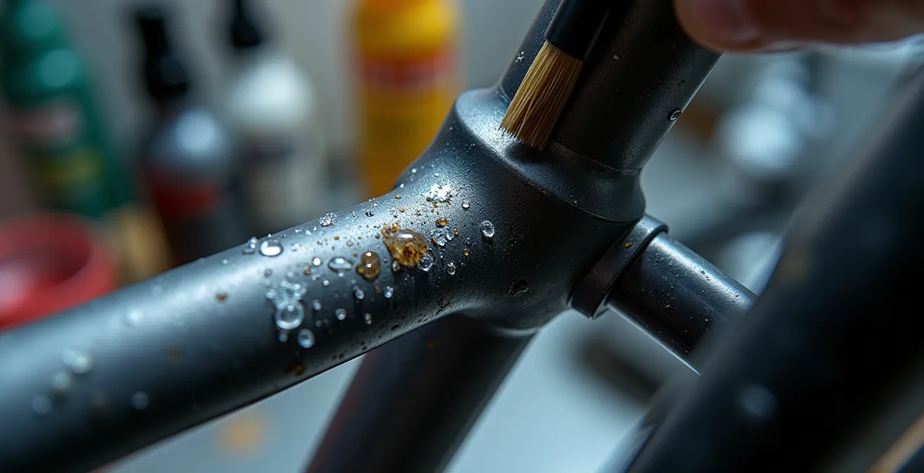 Dettaglio ravvicinato della pulizia del movimento centrale di una bici da corsa dopo sessione sui rulli