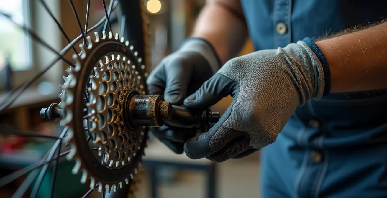 Mani che puliscono gli spazi tra i pignoni della cassetta usando un filo robusto