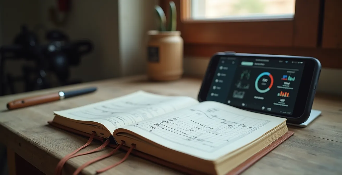 Taccuino artigianale aperto con annotazioni chilometraggi componenti bici accanto a smartphone con app Strava