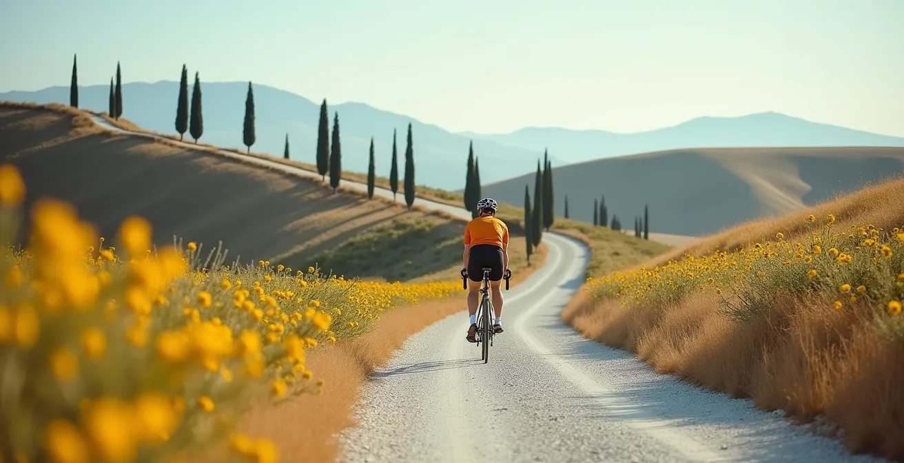 Composizione fotografica con ciclista posizionato secondo la regola dei terzi nel paesaggio toscano