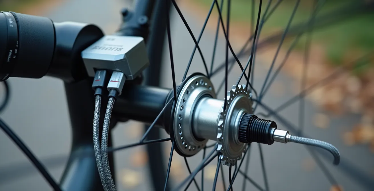 Setup di ricarica con dinamo al mozzo e powerbank montato sul manubrio di una bici gravel