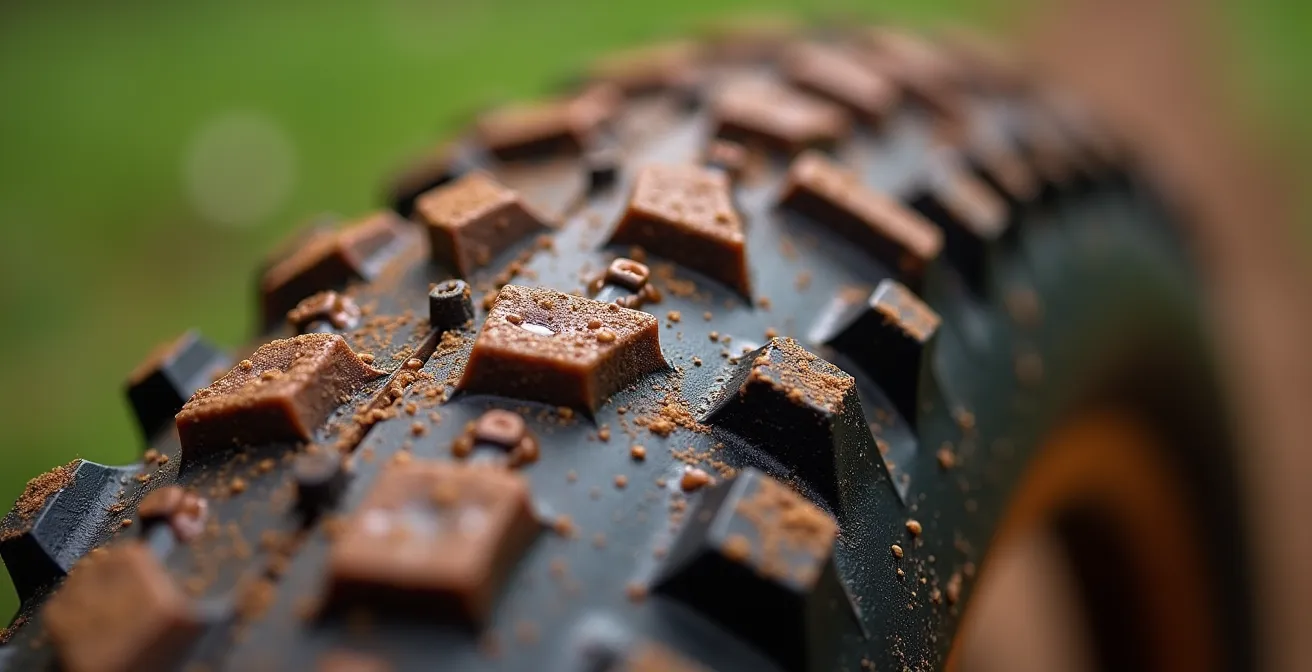 Dettaglio macro dei tasselli laterali di una gomma da ciclocross