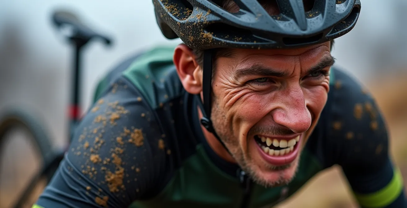 Atleta di ciclocross che trasporta la bici sulla spalla durante una salita ripida