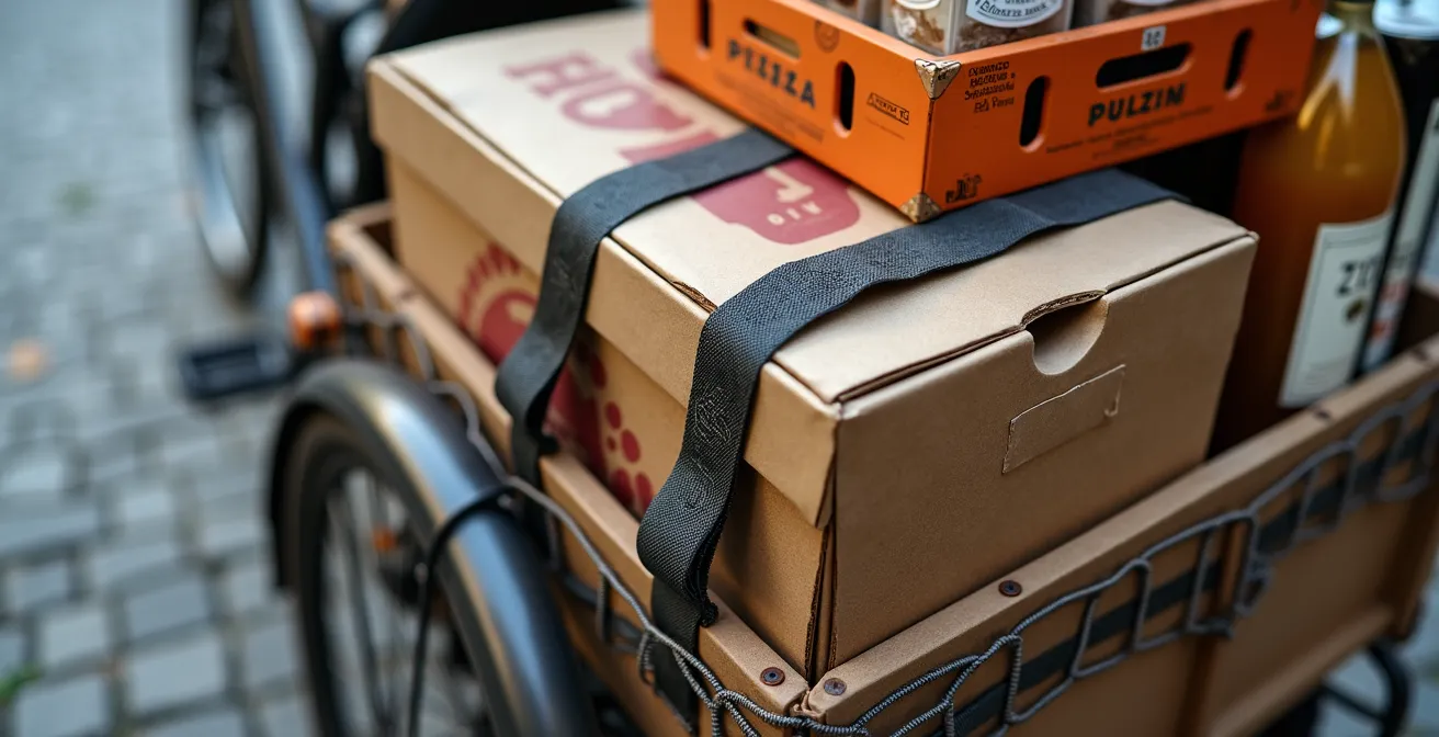 Sistema di fissaggio del carico su cargo bike long-john con cinghie e reti elastiche