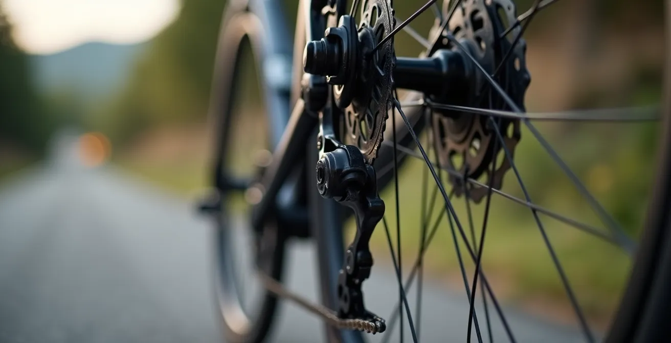 Vista ravvicinata di una ruota posteriore di bici con filo teso per verificare l'allineamento rispetto ai foderi