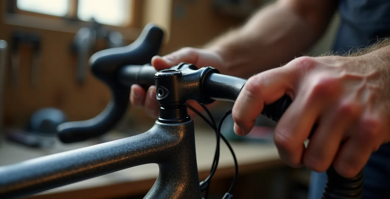 Mani di ciclista che eseguono il test di torsione sulla forcella per verificare crepe invisibili
