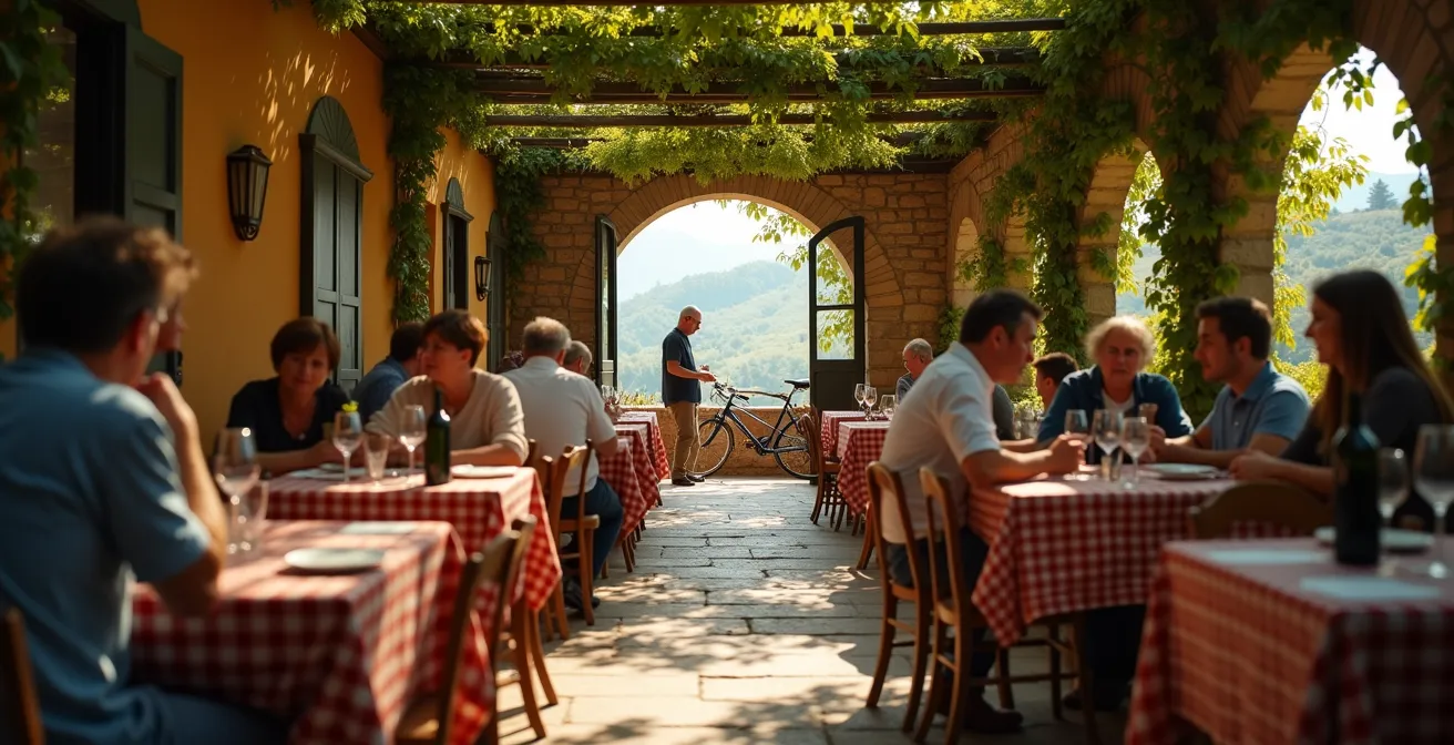 Vista ravvicinata di una tipica trattoria di campagna con tavoli all'aperto e biciclette parcheggiate
