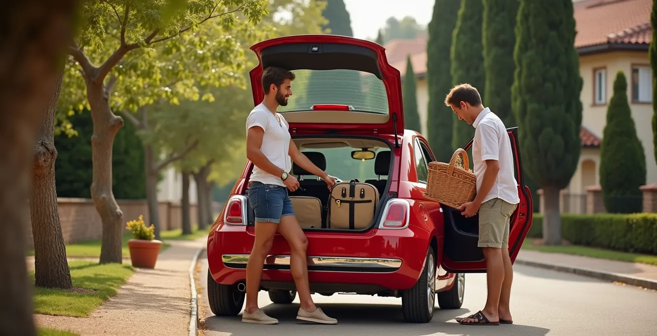 Coppia italiana carica bagagli in auto condivisa per gita fuori porta